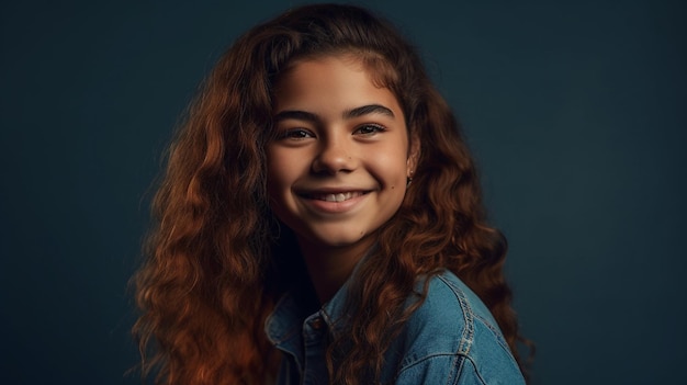 A cheerful young girl with long hair in a sweater smiles