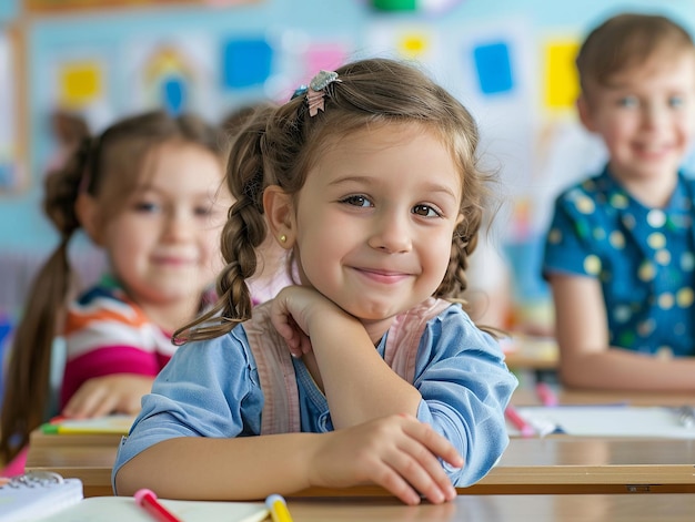 Cheerful young girl with pigtails smiling in a classroom sitting at a desk surrounded