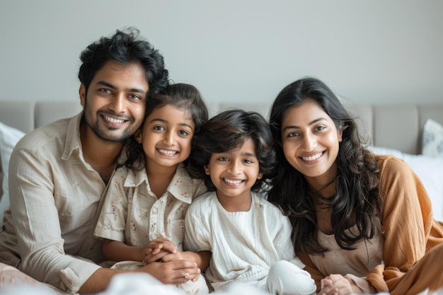 Cheerful young indian family of four having fun together at home white background ar 32 fast style r