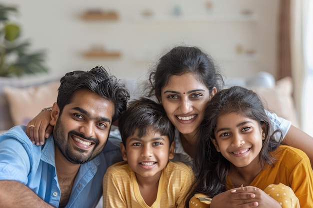 Cheerful young indian family of four having fun together at home white background ar 32 fast style r