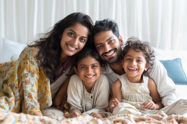 Cheerful young indian family of four having fun together at home white background ar 32 fast style r