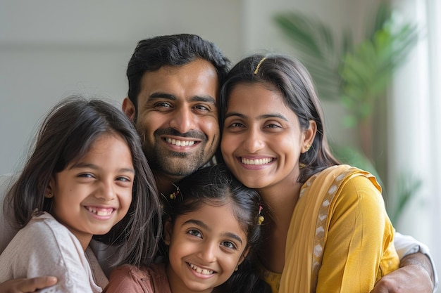 Cheerful young indian family of four having fun together at home white background ar 32 style raw st