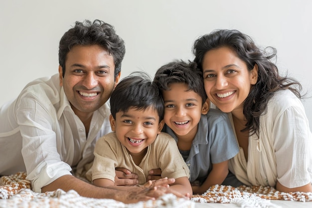 Photo cheerful young indian family of four having fun together at home white background ar 32 style raw st