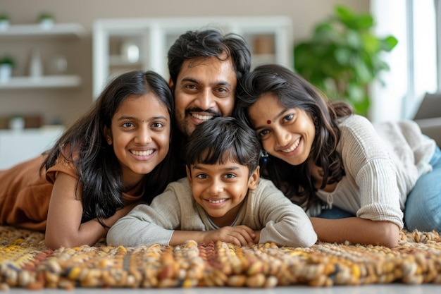 Photo cheerful young indian family of four having fun together at home white background ar 32 style raw st