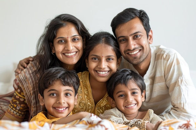 Photo cheerful young indian family of four having fun together at home white background ar 32 style raw st