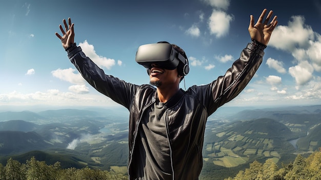 Cheerful young man dancing in virtual reality Generative AI