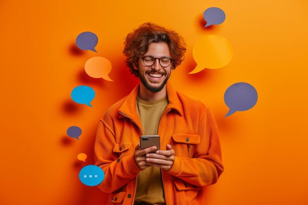 Cheerful young man engaging in social media conversations on smartphone