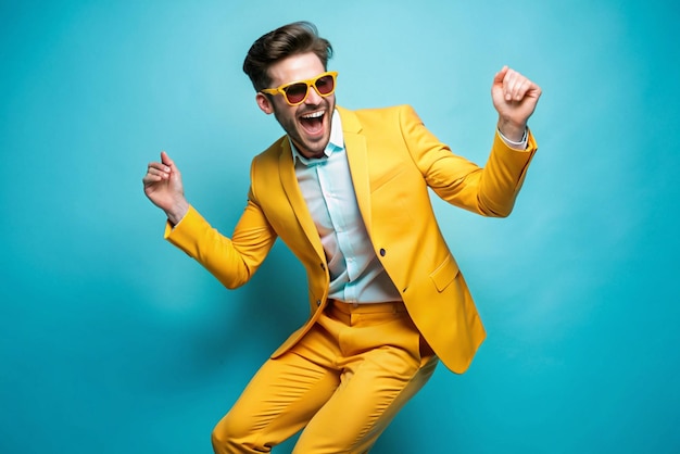 Cheerful young man having fun dancing and laughing isolated on light blue background African American young man in yellow suit and sunglasses is walking with funny expression