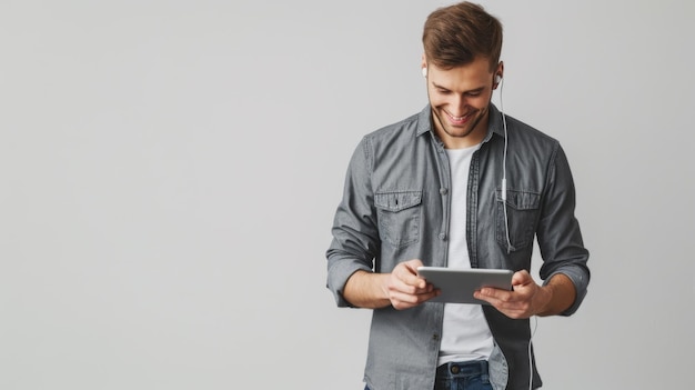 Photo cheerful young man is looking at a tablet he is holding with an amused expression wearing a grey shirt against a soft white background