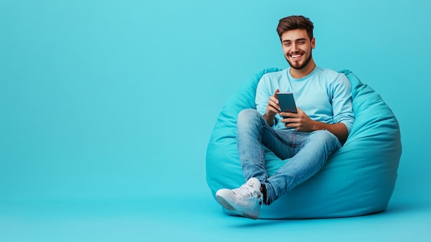 Cheerful Young Man Relaxing on Bean Bag Chair with Smartphone