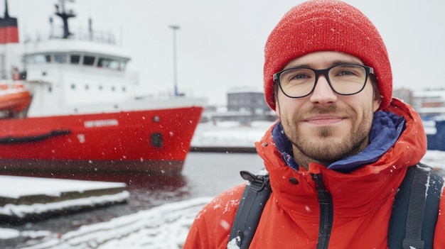 A cheerful young man stands at the harbor wearing a bright red hat and winter coat while snow gently falls around him A red ship is docked nearby adding to the winter scenes charm