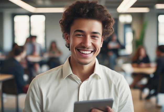 Cheerful young man using a tablet in an office environment his bright smile expressing confidence