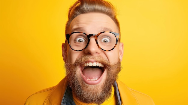 Photo a cheerful young man with a thick beard and glasses smiles broadly showcasing his enthusiasm in front of a vibrant yellow backdrop