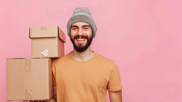 Photo cheerful young man with wardrobe boxes on pink background