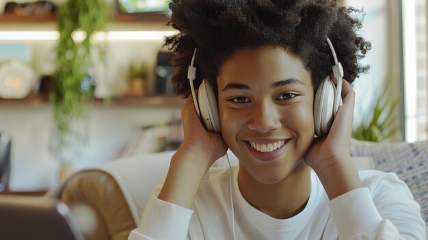 Photo a cheerful young person smiling while listening to music on headphones in a cozy greenfilled living space