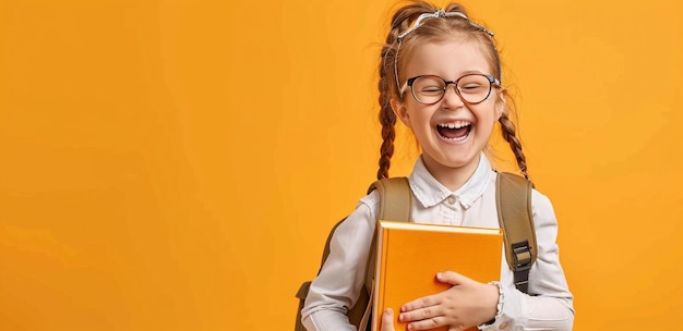 Cheerful young student with backpack poses with books on white