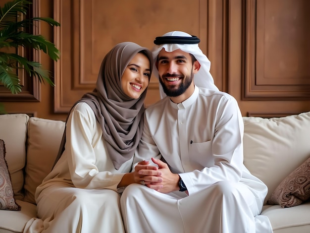 Photo a cheerful young traditional muslim couple in arabic clothes sits on the home sofa together