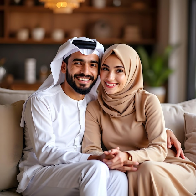 Photo a cheerful young traditional muslim couple in arabic clothes sits on the home sofa together