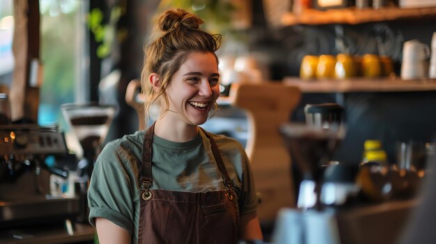 Photo cheerful young woman barista laughing while working in a coffee shop