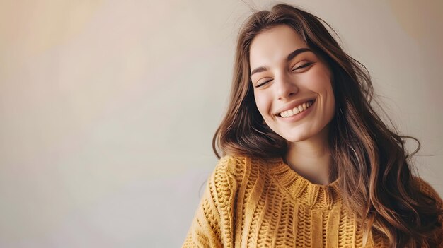 Photo cheerful young woman in cozy yellow sweater smiling happily