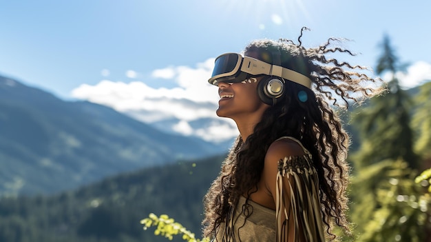 Cheerful young woman dancing in virtual reality Generative AI