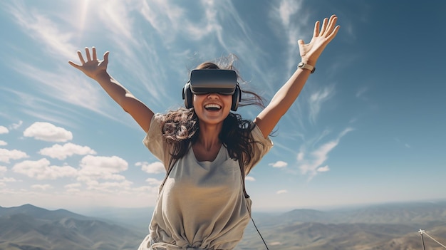 Cheerful young woman dancing in virtual reality Generative AI