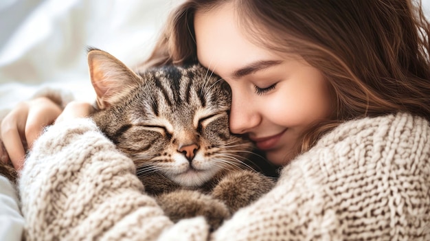 A cheerful young woman embraces her adorable cat showering it with affection while lounging on her bed radiating warmth and happiness