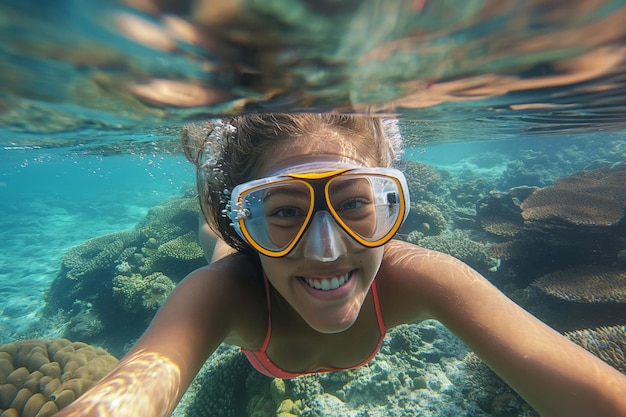 Cheerful young woman enjoying snorkeling over a vibrant coral reef with a selfie point of view