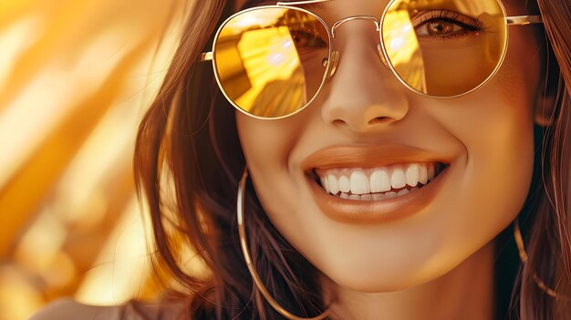 Cheerful young woman enjoying sunny day wearing stylish sunglasses capturing happiness perfect for lifestyle advertising AI