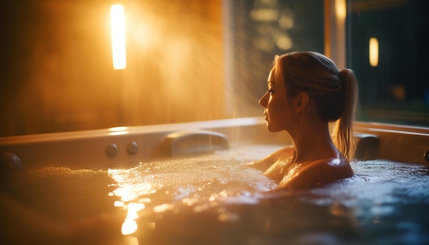 A cheerful young woman enjoys a luxurious bubble bath at home generated by AI