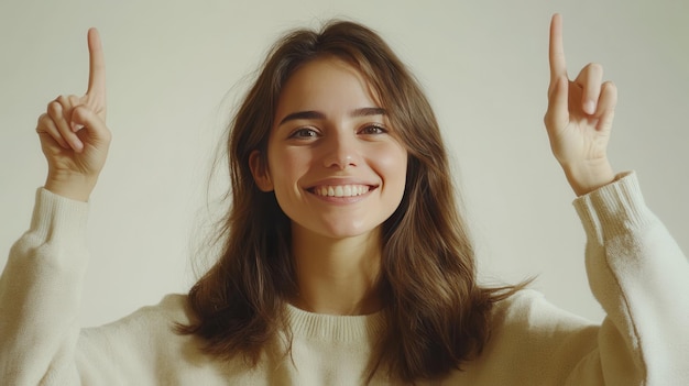 Photo a cheerful young woman gestures with her hands radiating positivity and warmth