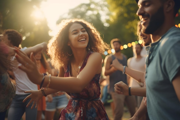 Photo cheerful young woman having fun enjoying herself and dancing at an outdoor concert