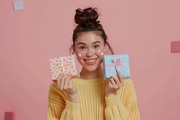 Cheerful Young Woman Holding Colorful Gift Boxes Radiating Joy and Festive Spirit in Celebration