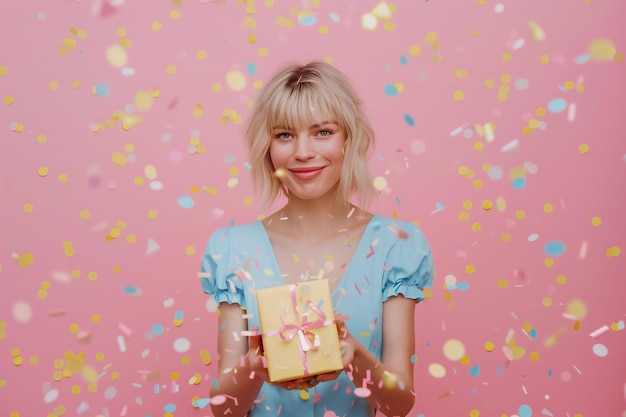 Cheerful Young Woman Holding Colorful Gift Boxes Radiating Joy and Festive Spirit in Celebration