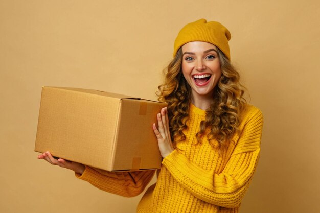 Photo a cheerful young woman holding parcel box