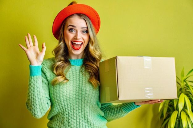 Photo a cheerful young woman holding parcel box