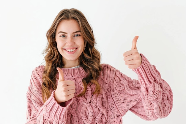 Cheerful Young Woman in Pink Sweater Giving Thumbs Up Studio Shot with High Detail