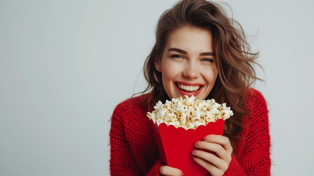 Cheerful young woman in red sweater enjoying popcorn from cinema box