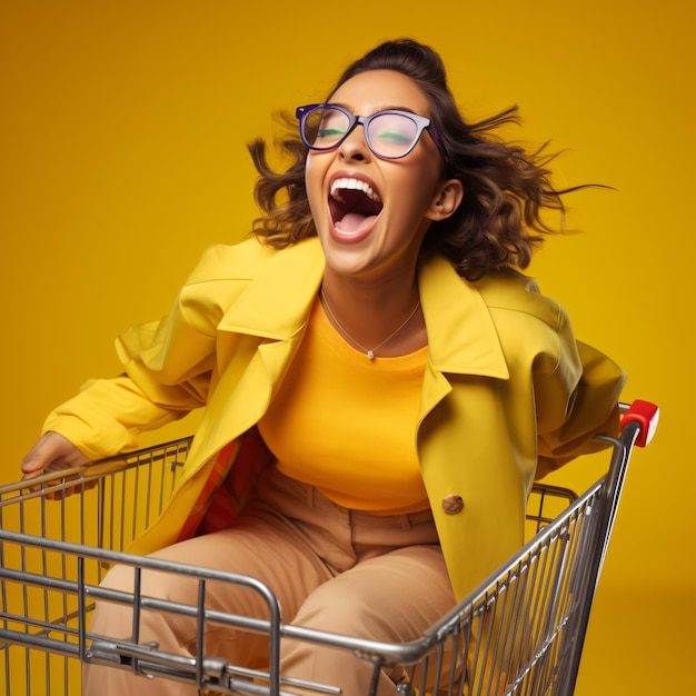 Cheerful young woman riding forward on a shopping cart