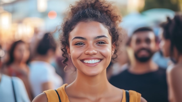 A cheerful young woman smiling at the camera amidst a crowd capturing the joy of social interaction