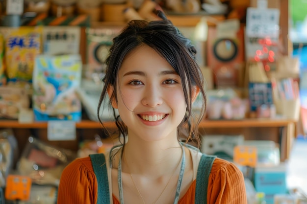 Cheerful Young Woman Smiling in Local Grocery Shop with Shelves of Artisanal Products in Background