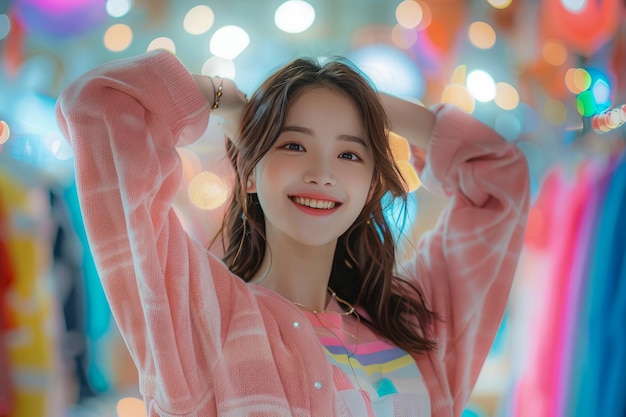 Cheerful Young Woman Smiling with Hands in Hair Against Blurred Lights Background