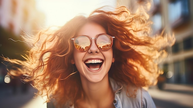 Photo a cheerful young woman wearing glasses outdoors capturing the essence of her joy