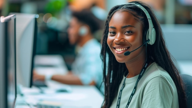 Cheerful young woman wearing a headset and working at a computer in a customer service or call center environment