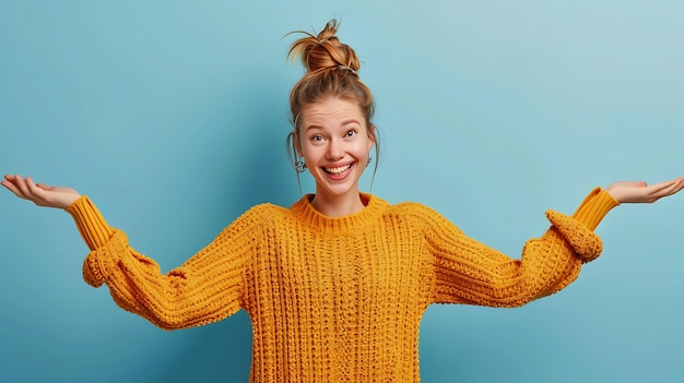 Cheerful young woman with bright smile showing copy space in blue background