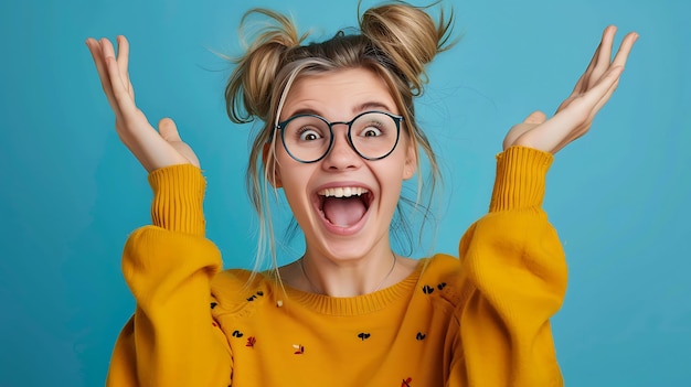 Photo cheerful young woman with bright smile showing copy space in blue background