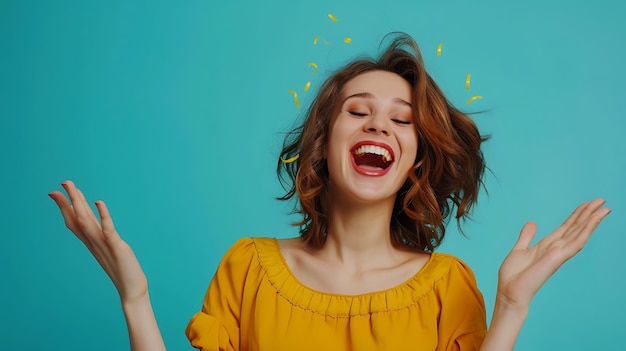 Cheerful young woman with bright smile showing copy space in blue background