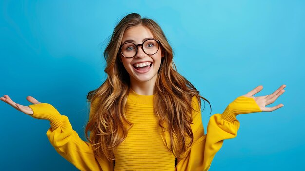 Cheerful young woman with bright smile showing copy space in blue background