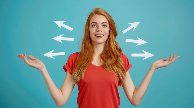 Photo cheerful young woman with bright smile showing copy space in blue background