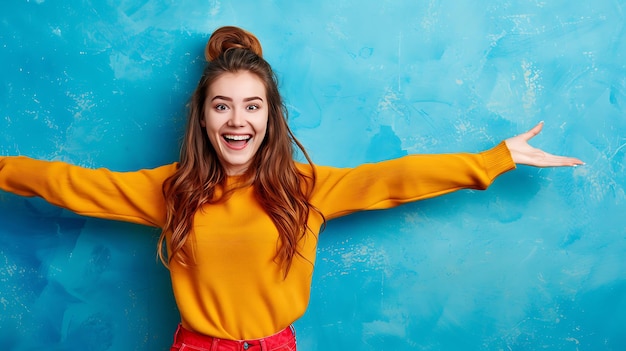 Cheerful young woman with bright smile showing copy space in blue background